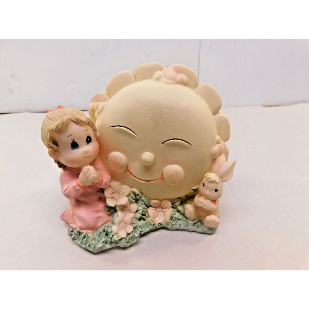 Vtg Celestial Piggy Bank Sun Hand painted Whimsy Coin Bank Child & Bunny Praying